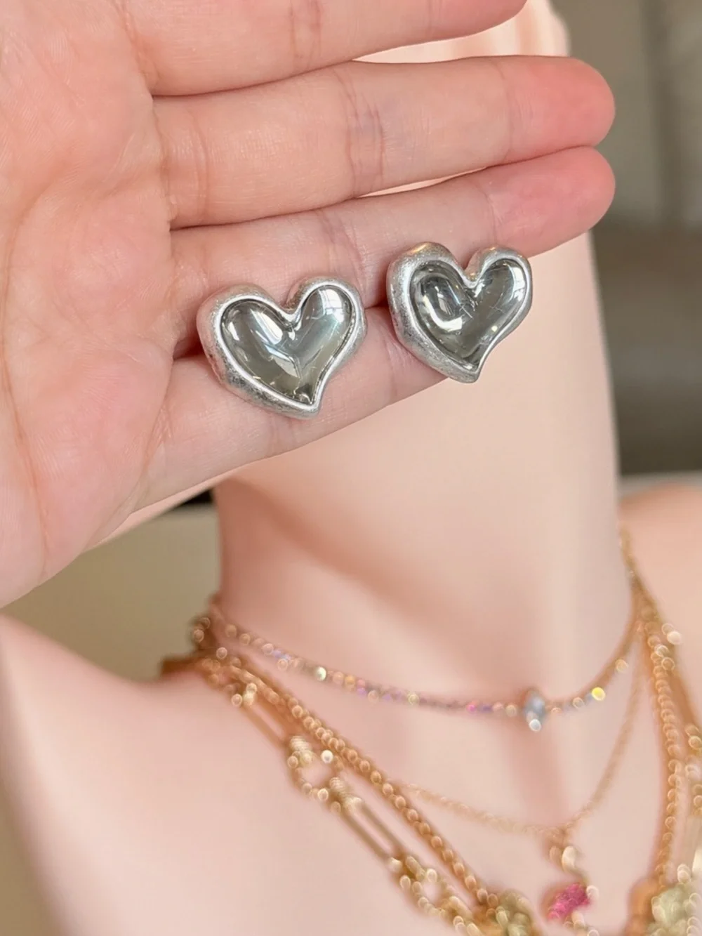 Silver Heart Stud Earrings - Picture 13 of 14